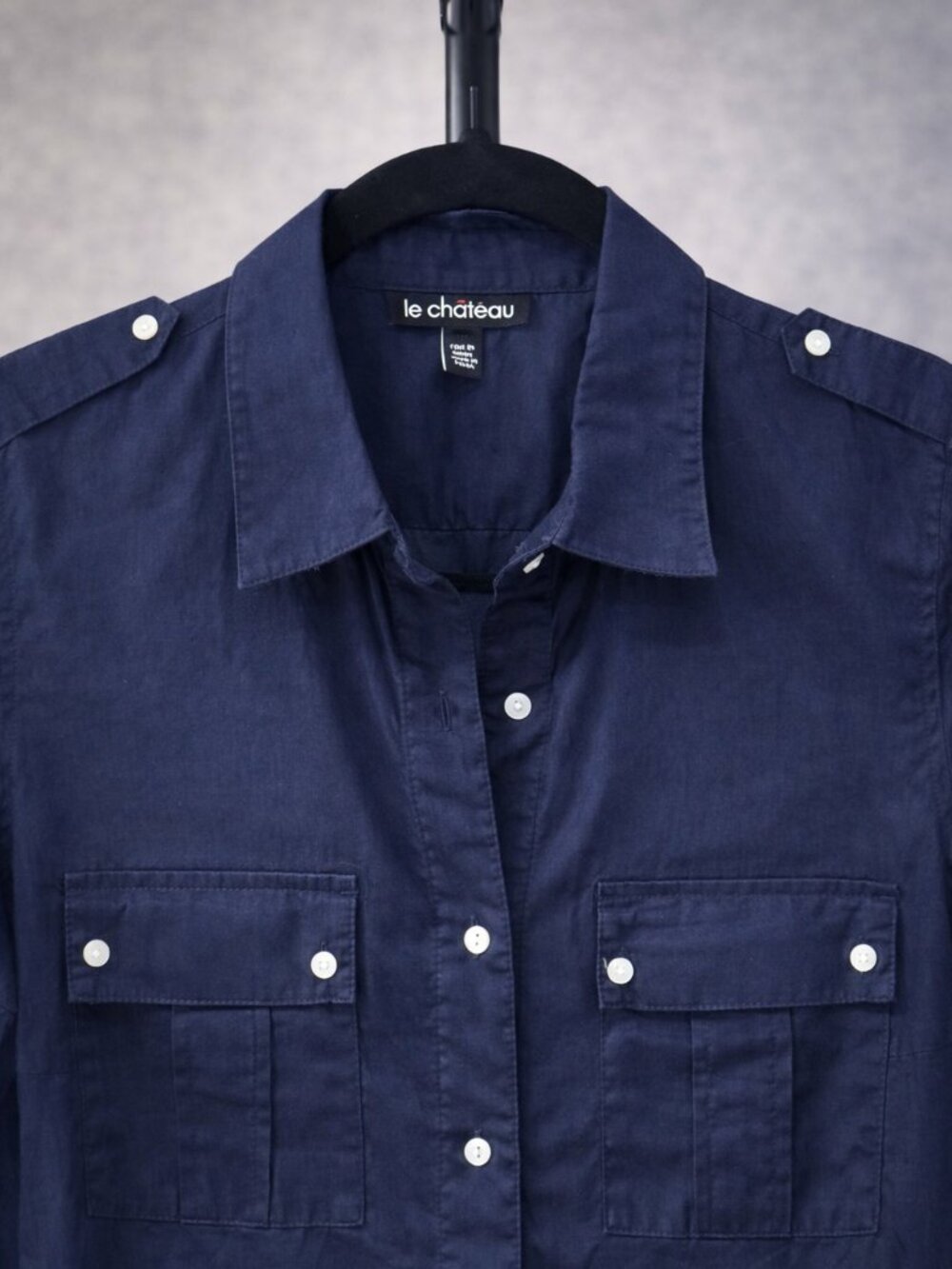 Le Château Navy Button-Up Blouse – Sheer Cotton, Chic Utility Style (S)